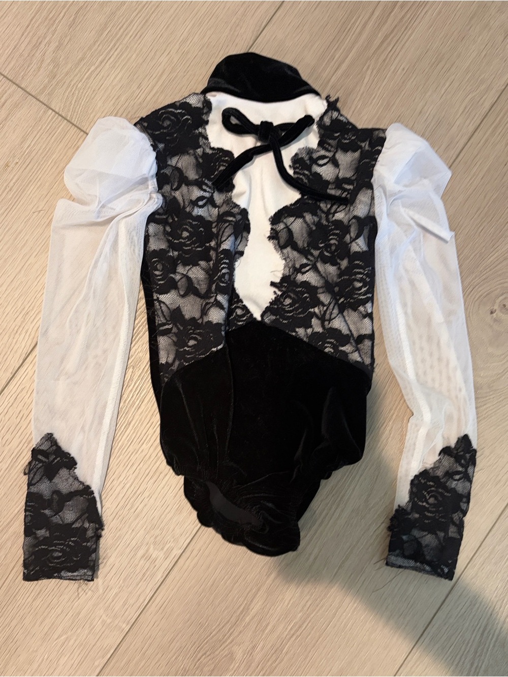 Girls Black & White Lace-Front Dance Leotard - Kids Costume